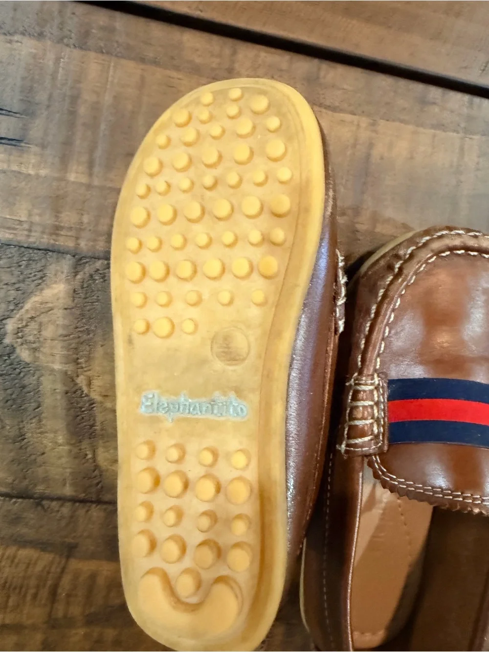 Elephantito Brown Leather Kids Loafers with Navy & Red Stripe